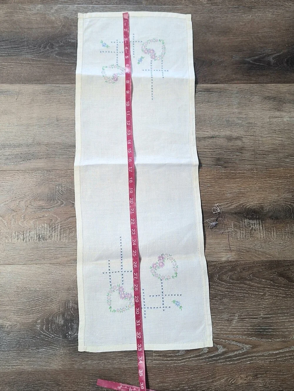 Vintage Embroidered Hearts & Flowers Linen Table Runner, 11.5